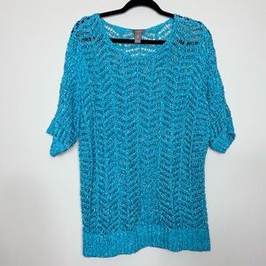 Chico's aqua blue short sleeve loose knit sweater, size 3 ( XL/16)